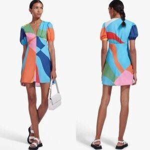 STAUD Milla Mini Dress Red Blue White Green Puffed Sleeve Size 4